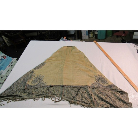 Vtg Boho Indigo Blue Paisley Shawl Wrap Gold Metallic Lame Textile - Picture 10 of 12